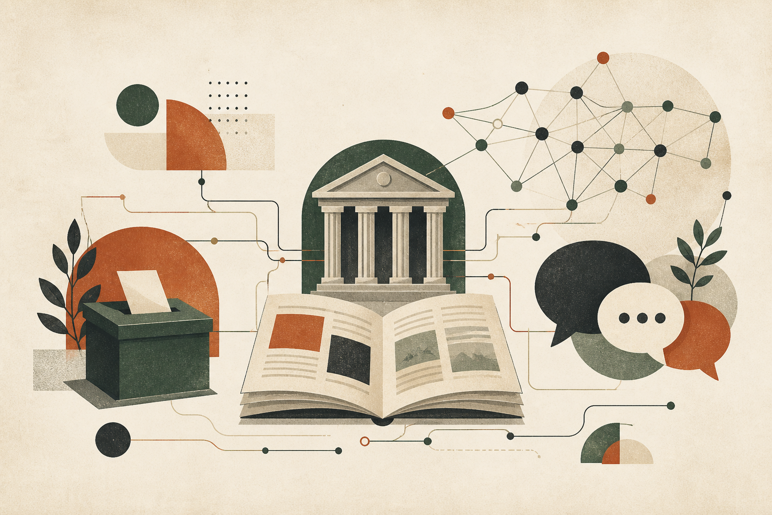 An editorial illustration connecting a ballot box, newspaper, courthouse, public conversation, and an abstract AI network.